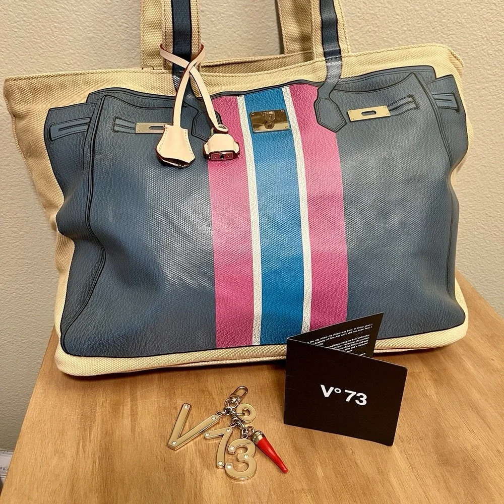 V°73 Canvas Trompe L' Oeil Designer Bag Print Blue Pink Lock & Key Charms Card